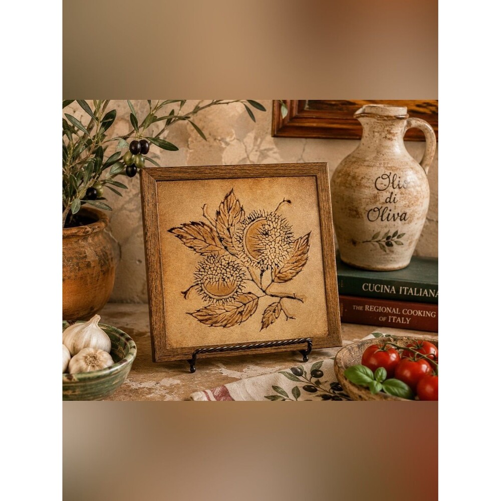 Vintage Made in Italy Ceramic Tile Trivet Chestnut Wood Frame Rustic Cottage